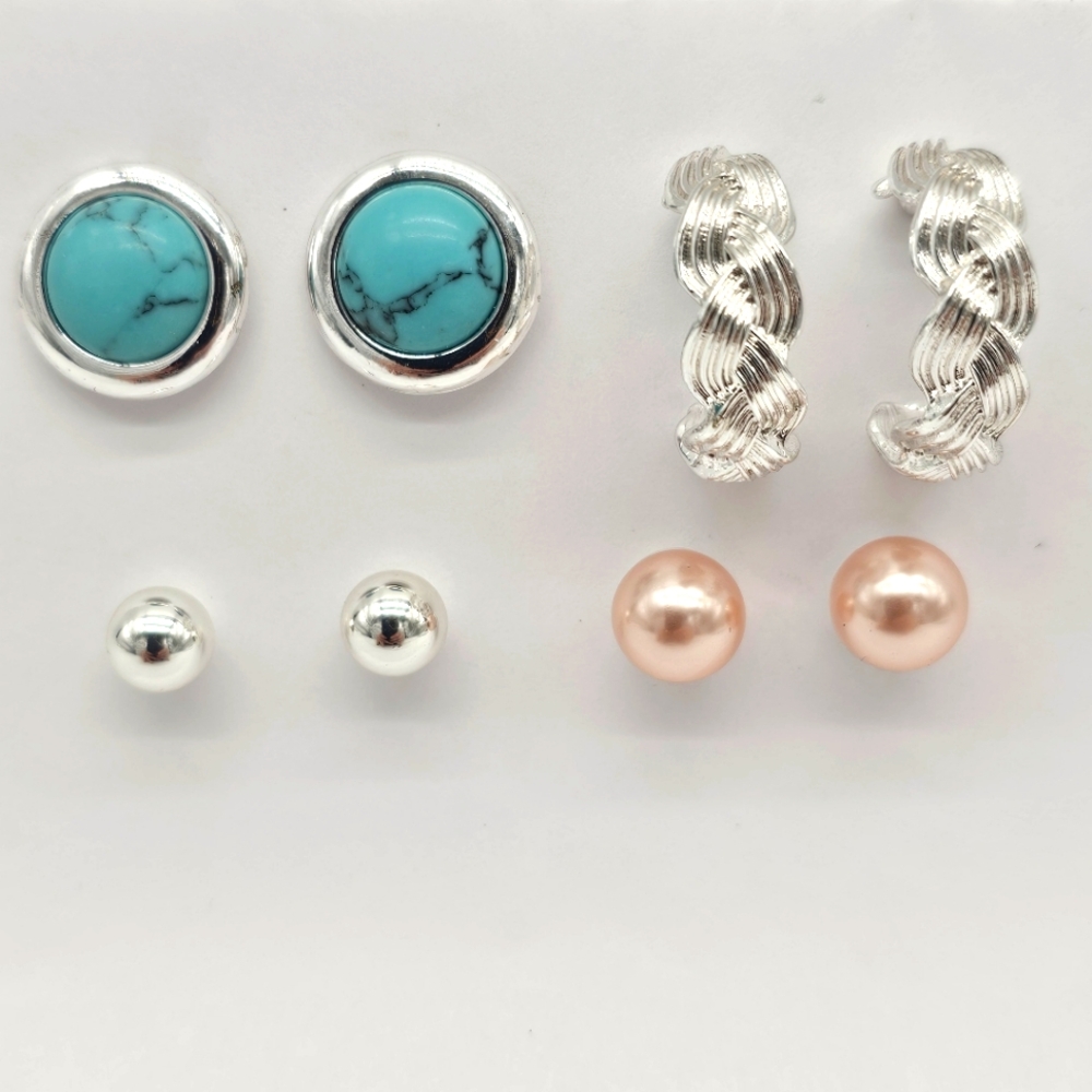 MONET Lot of 4 Stud Earrings Silver Bead Ball Pink Pearl Turquoise Cabochon Hoop